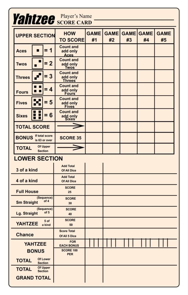 Free Printable Large Yahtzee Score Sheets