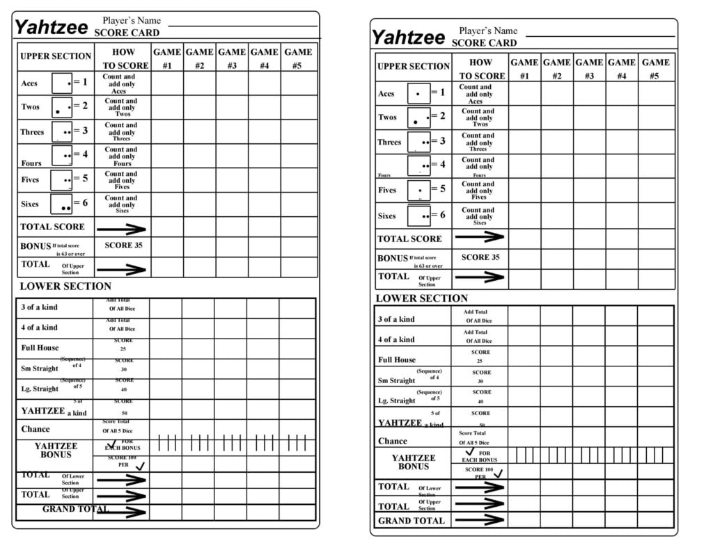 Yahtzee Score Card Template Excel