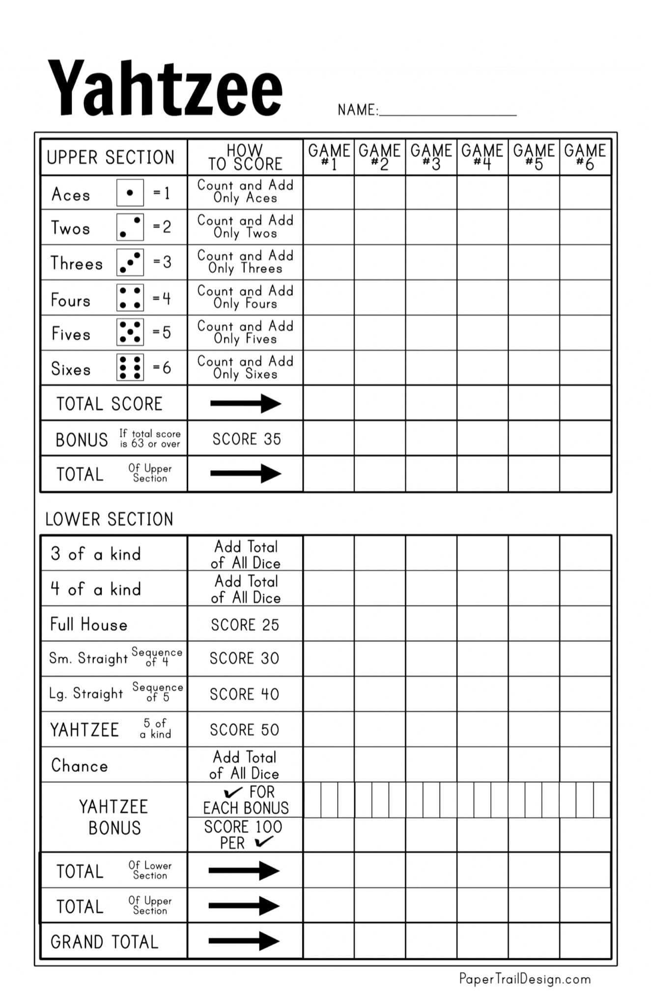 Free Printable Yahtzee Score Card Paper Trail Design - Yahtzee Score Sheets