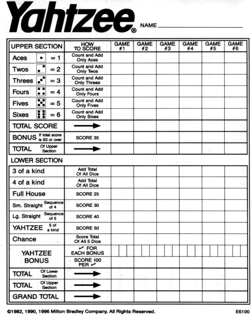Downloadable Printable Yahtzee Score Card