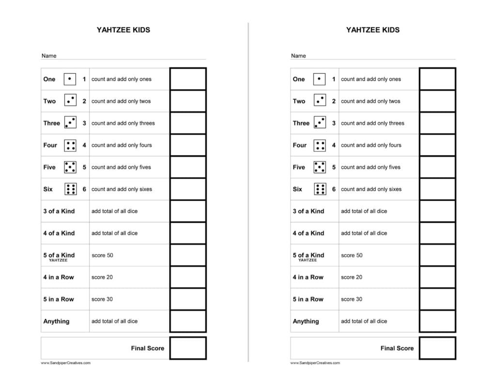 Yahtzee Score Card For Kids Free Printable