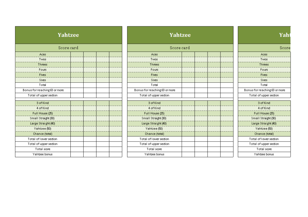 Yahtzee Score Sheets In Excel Templates At Allbusinesstemplates