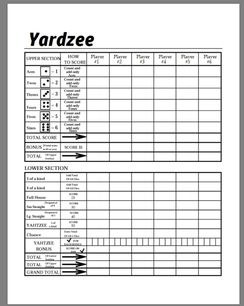 Yard Yahtzee Score Card Printable Free