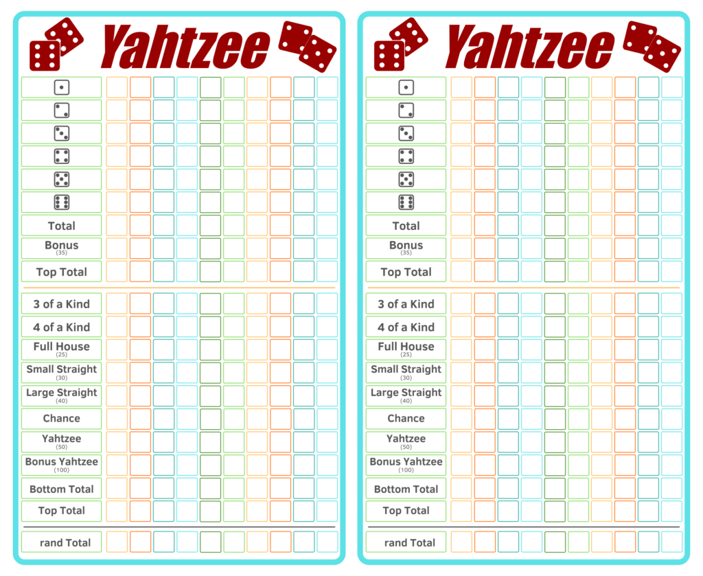 8 By 10 Yahtzee Score Card