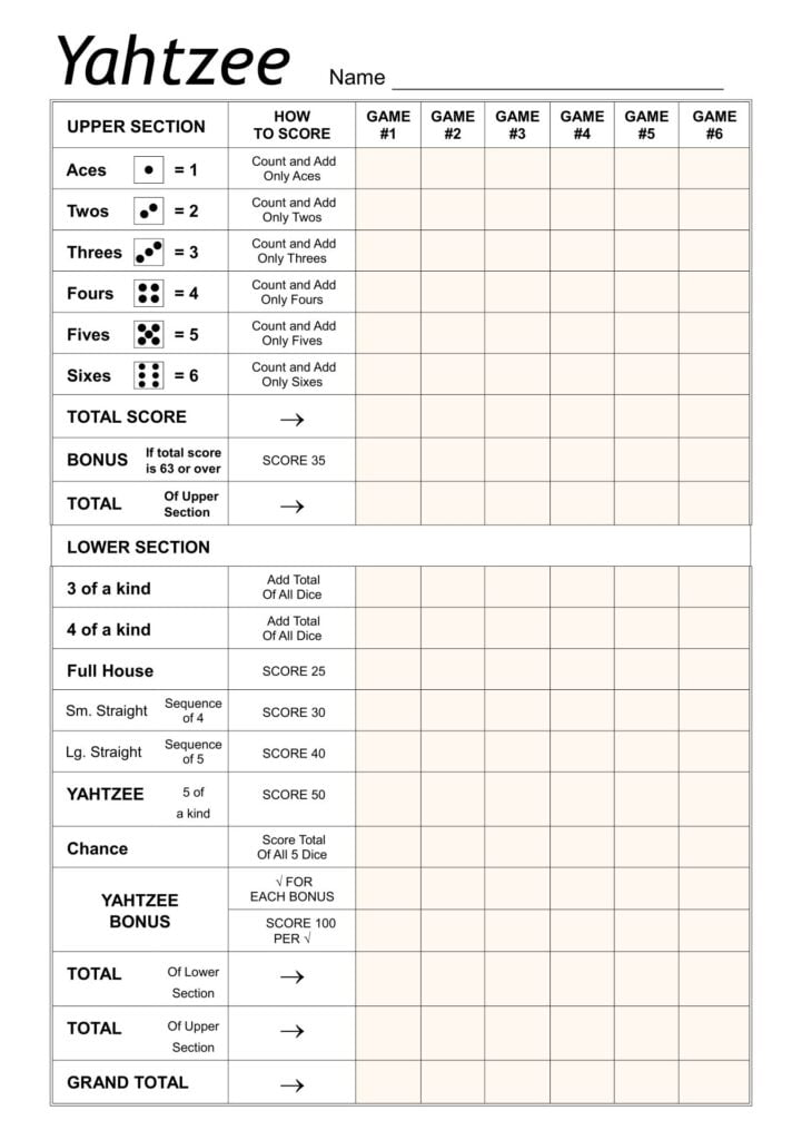 Large Yahtzee Score Card