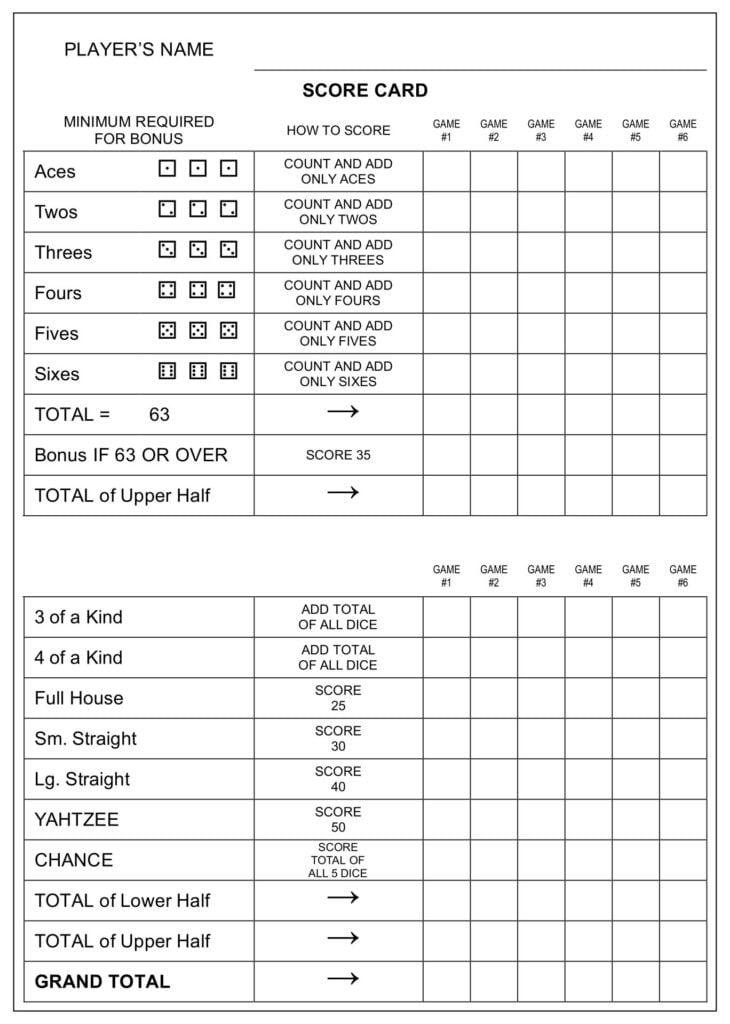 Giant Yahtzee Score Card