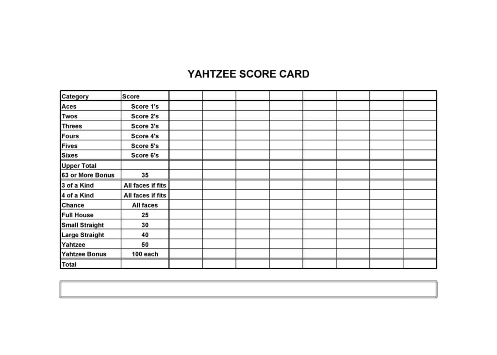 Mini Yahtzee Score Card