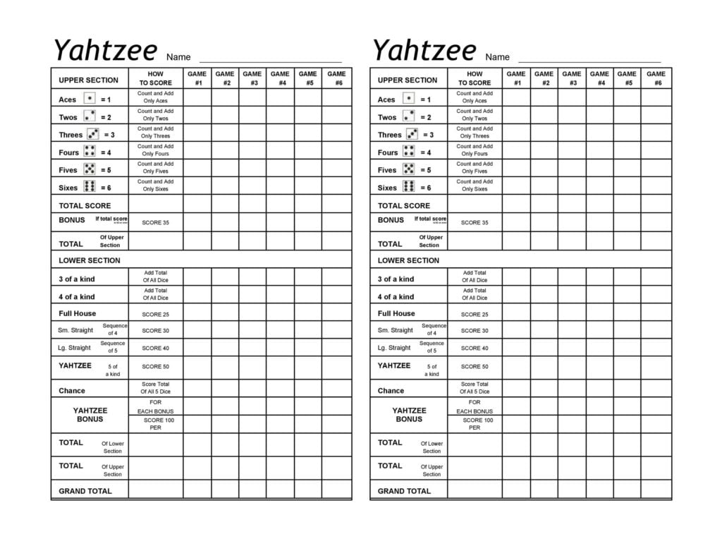 Yahtzee Score Card Print Out