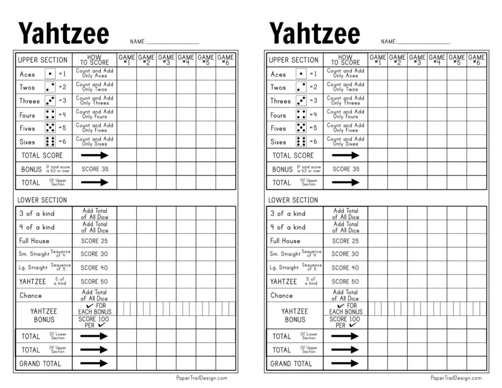 Printable Yahtzee Score Card- 4 Per Page