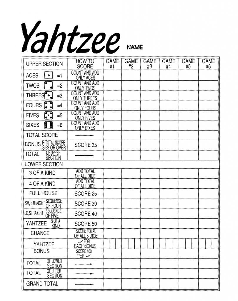 Free Yahtzee Score Cards