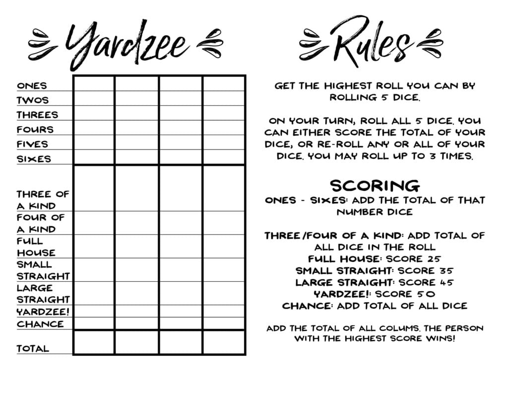Free Printable Yard Yahtzee Score Card
