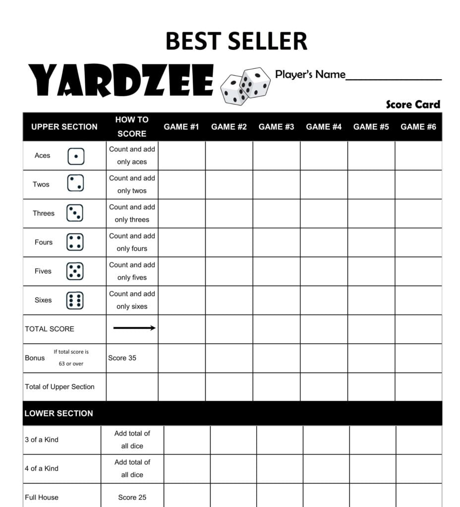 Yard Yahtzee Score Card