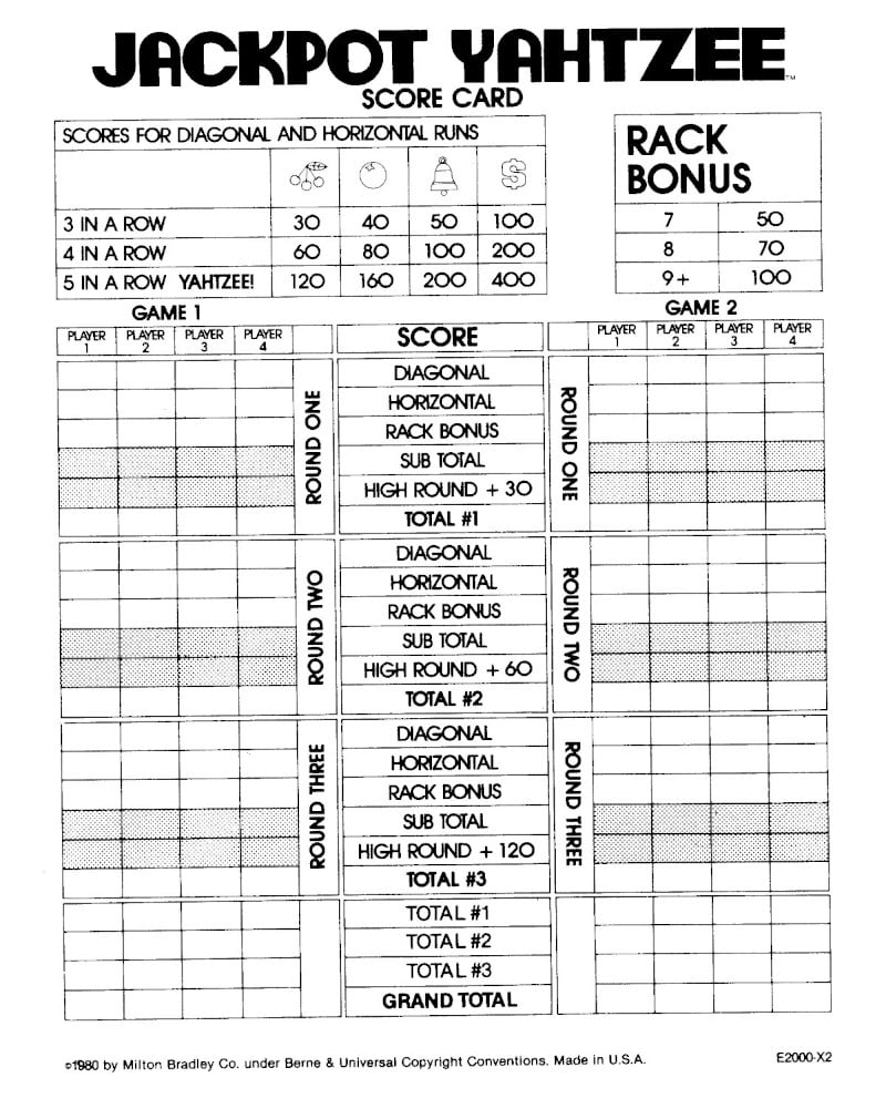 Old Yahtzee Score Card
