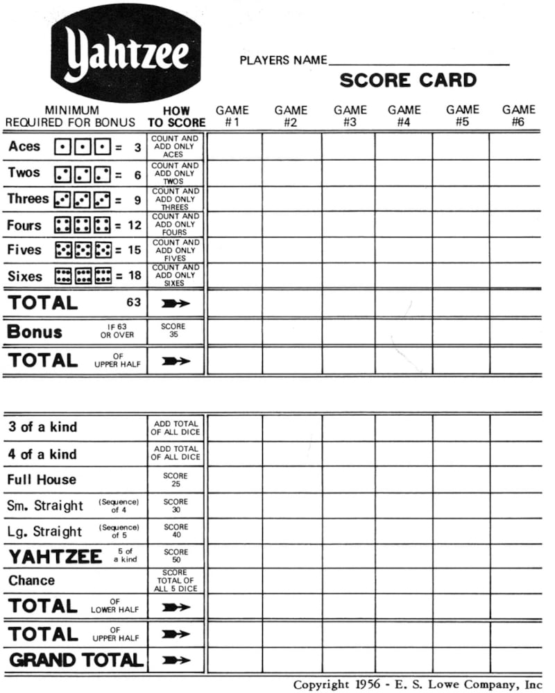 Yahtzee Score Card Fit On Post Card
