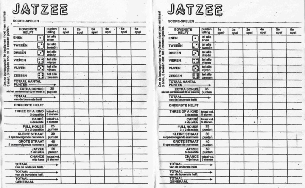 Extra Travel Yahtzee Score Cards