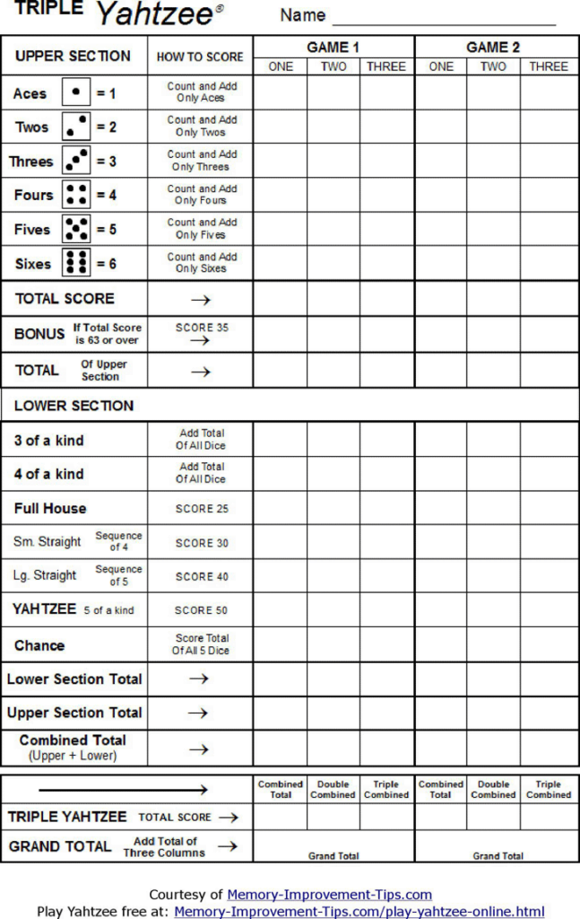 Yahtzee Triple Score Cards Printable