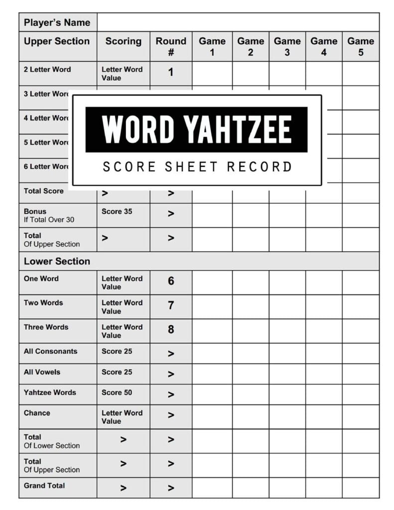Word Yahtzee Score Record Word Yahtzee Game Record Keeper Book Word Yahtzee Scoresheet Word Yahtzee Score Card Keep Track Of All The Scores With White Cover Size 8 5 X 11 Inch 