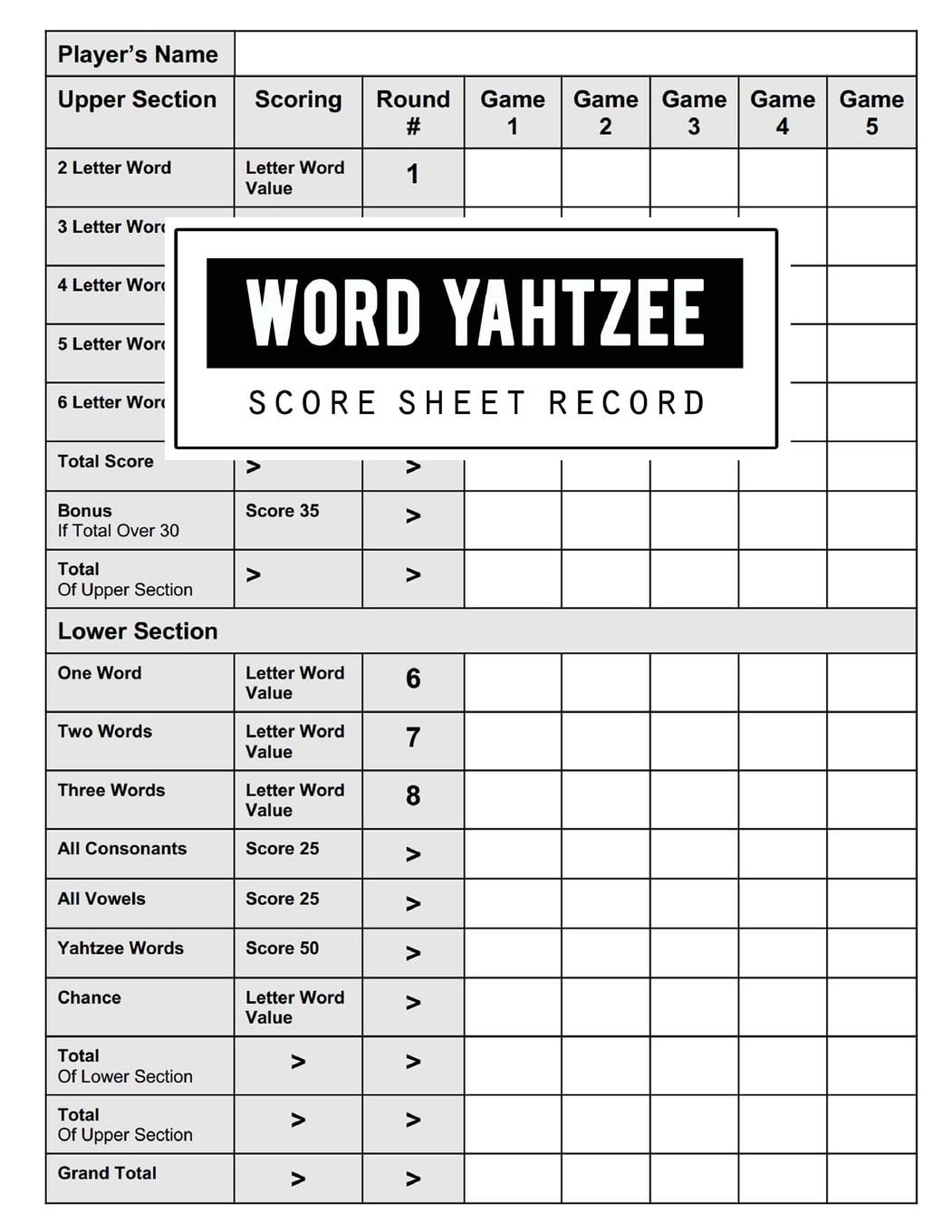 Word Yahtzee Score Card Yahtzee Score Sheets