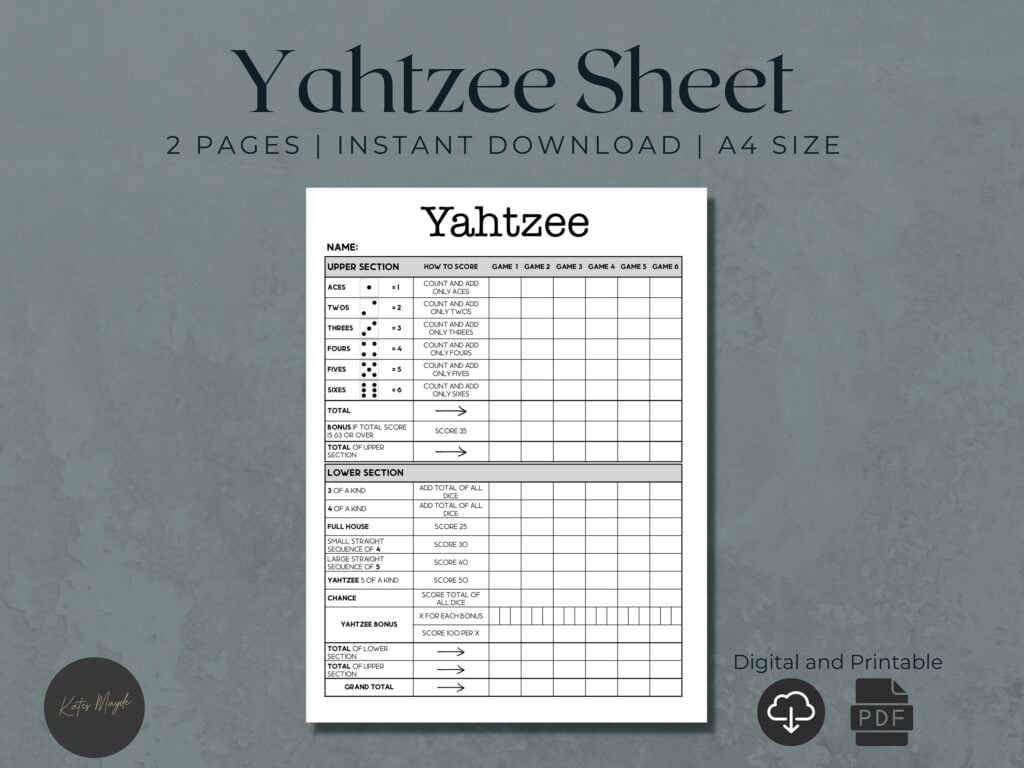Yahtzee Score Card Printable Yahtzee Printable Score Card Etsy