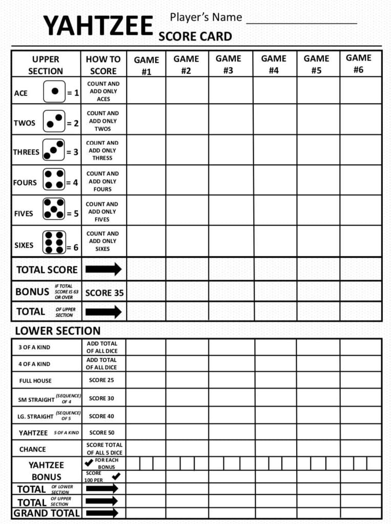 Yahtzee Score Card Sheets