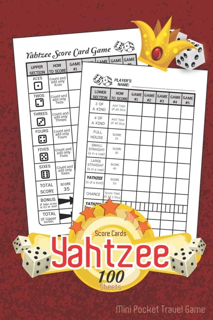 Yahtzee Score Cards Mini Pocket Travel Game 100 Sheets Dice Game Amazing Game Recorder Yardzee Score Keeper Book Score Record Sheets Size 6 X 9 And Adults Travel Game 