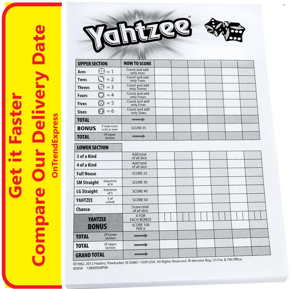 Yahtzee Score Card Upc
