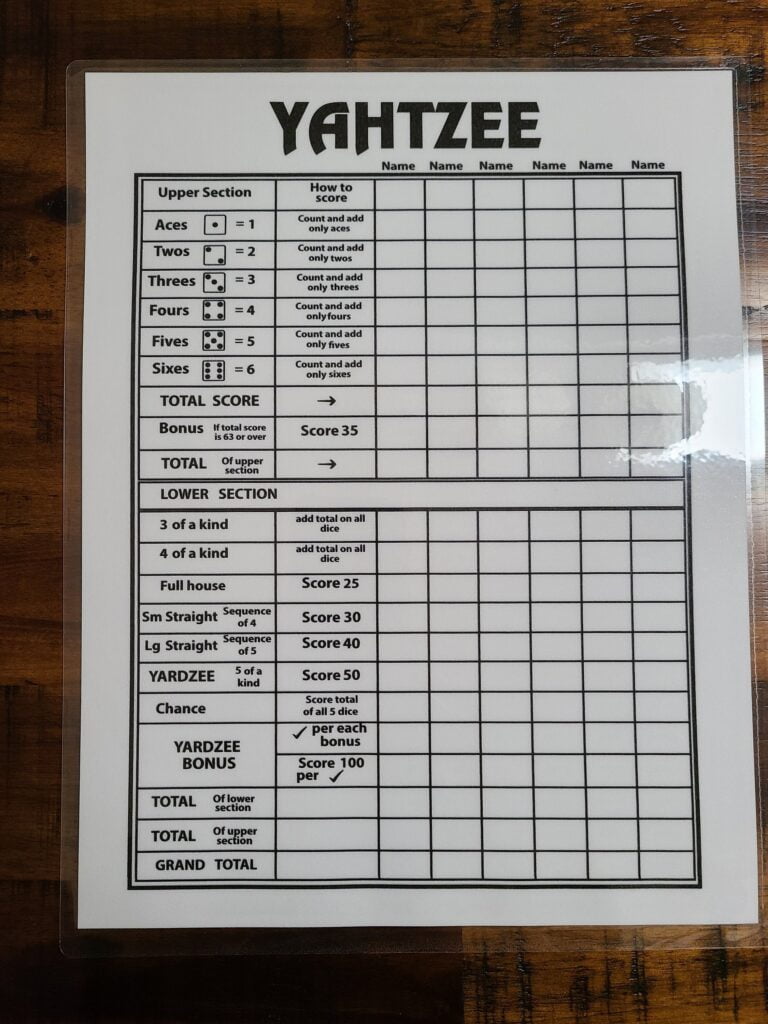 Backyard Yahtzee Score Card