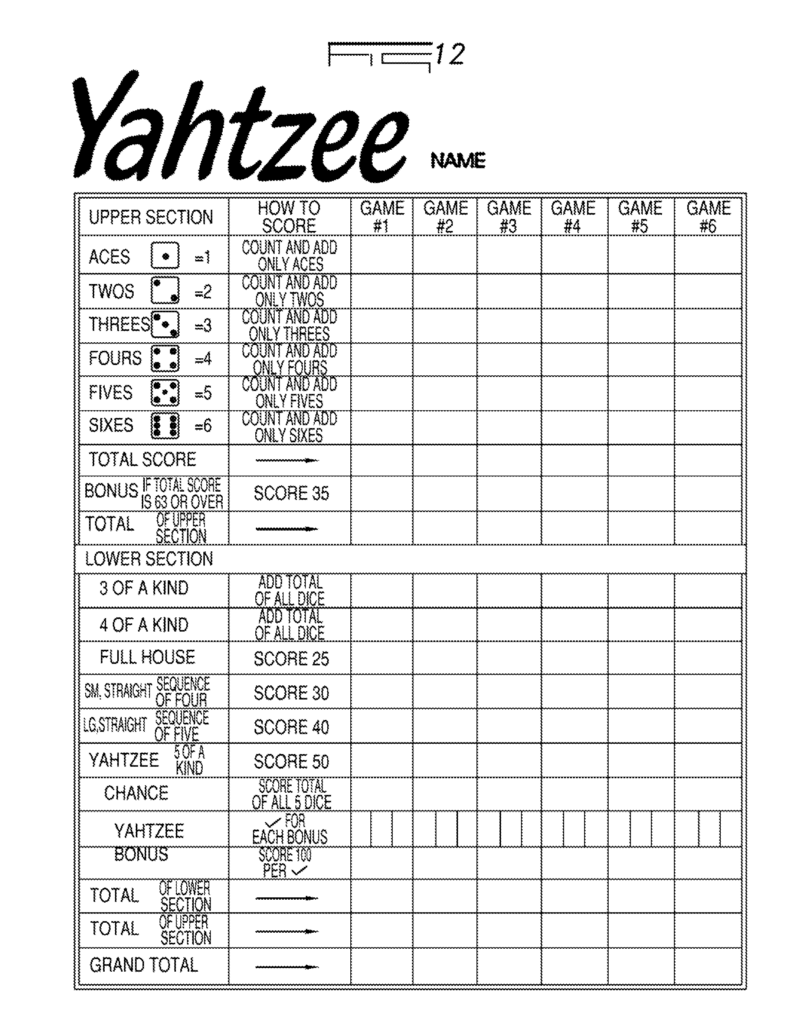 6 Dice Yahtzee Score Card
