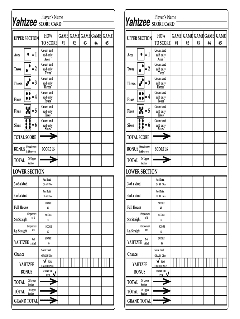 Yahtzee Type Score Card
