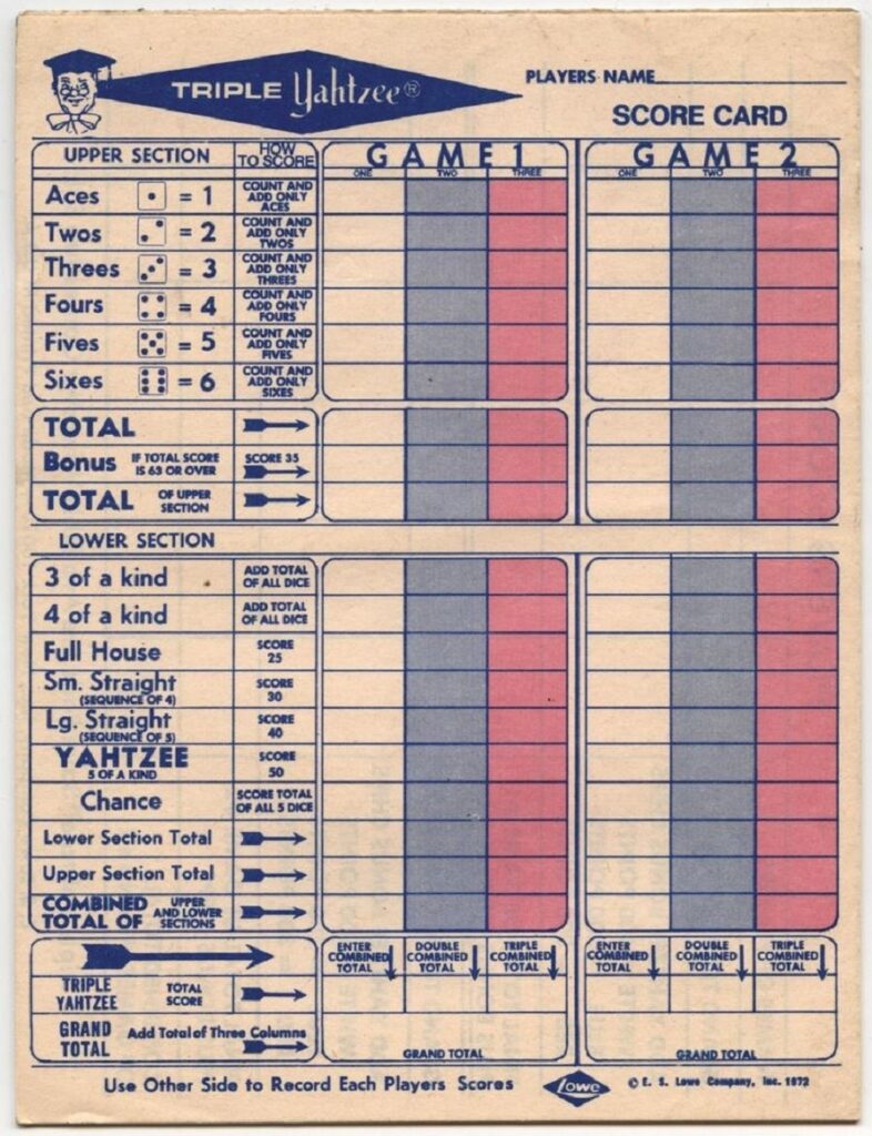 Triple Yahtzee Score Card